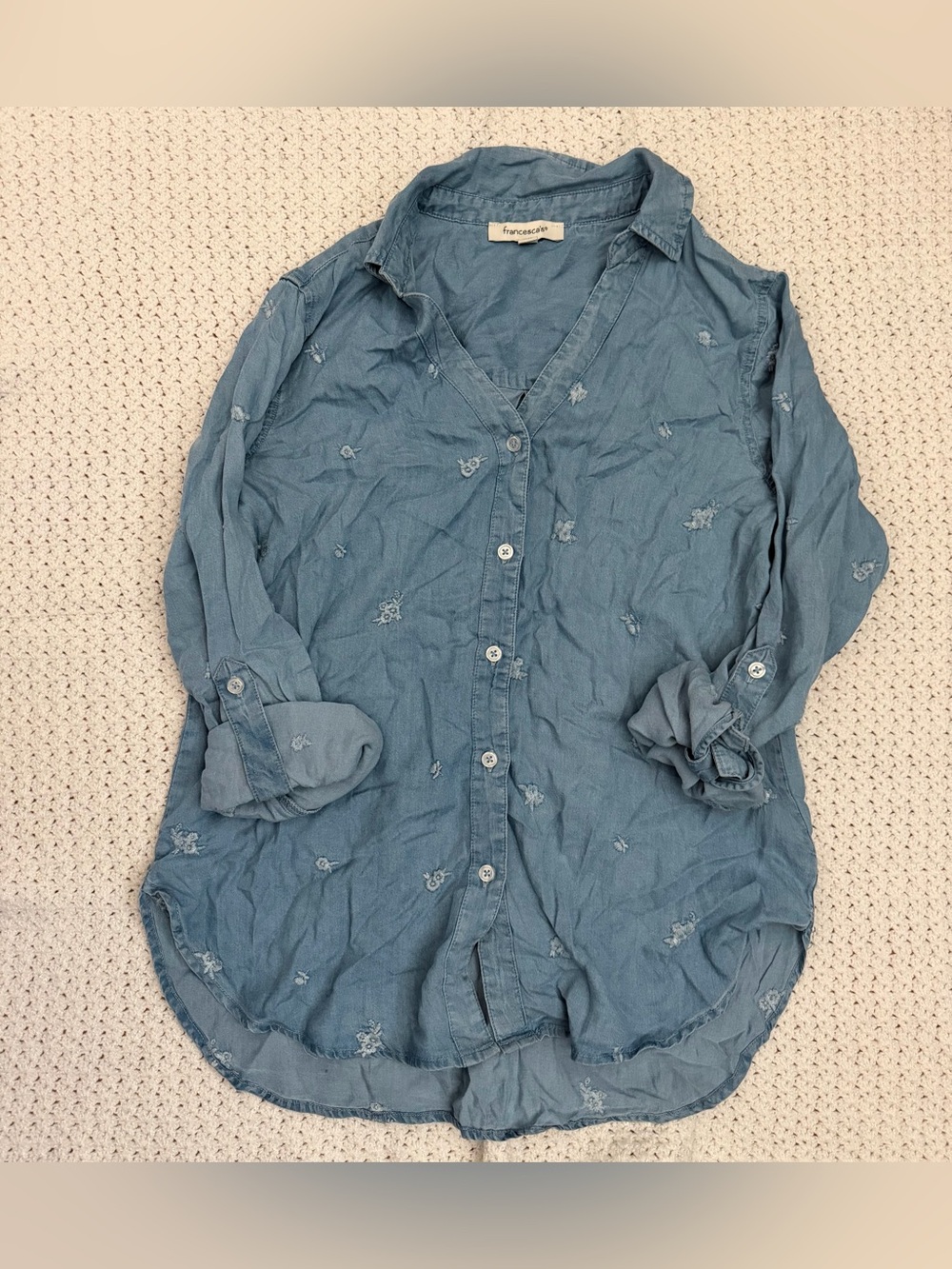 Francesca's Collections Blue Embroidered Button-Down Shirt